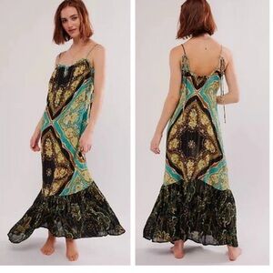 Intimately Free People Teal, Black and Gold Paisley Maxi Dress